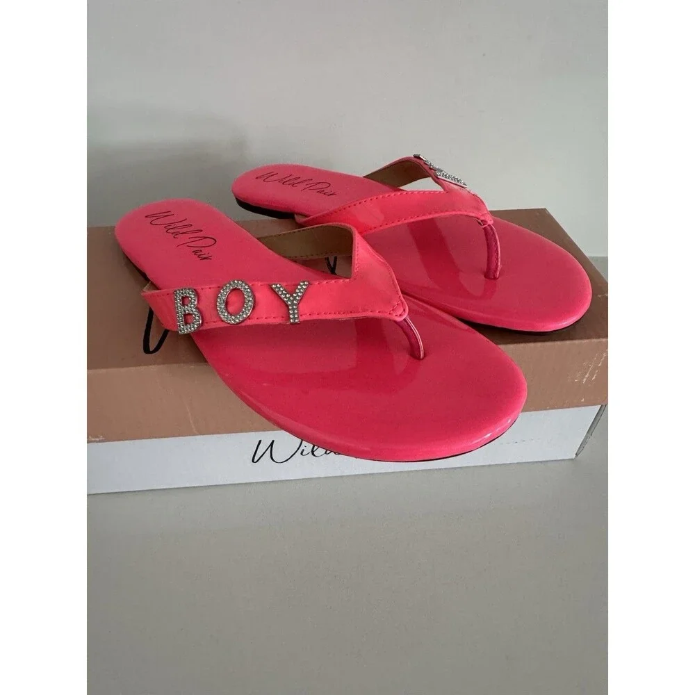 WILD PAIR Womens Pink Rhinestone Fantasia Round Toe Slip On Thong Sandals 9.5 M